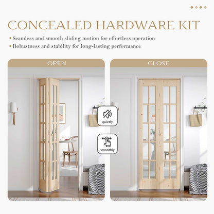 Unfinished Solid Wood Glass Bi-Fold Door With Installation Hardware Kit