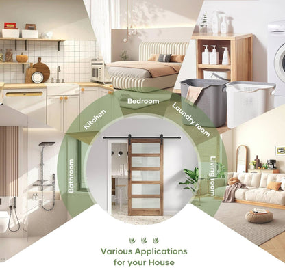 FREDBECK 30 x 84 inch Glass Barn Door with 5.5FT Barn Door Hardware Kit & Handle Included,5-Panel Frosted Glass,Wood Panel,Water-Proof Surface,Pre-Drilled Holes,Need Assembly