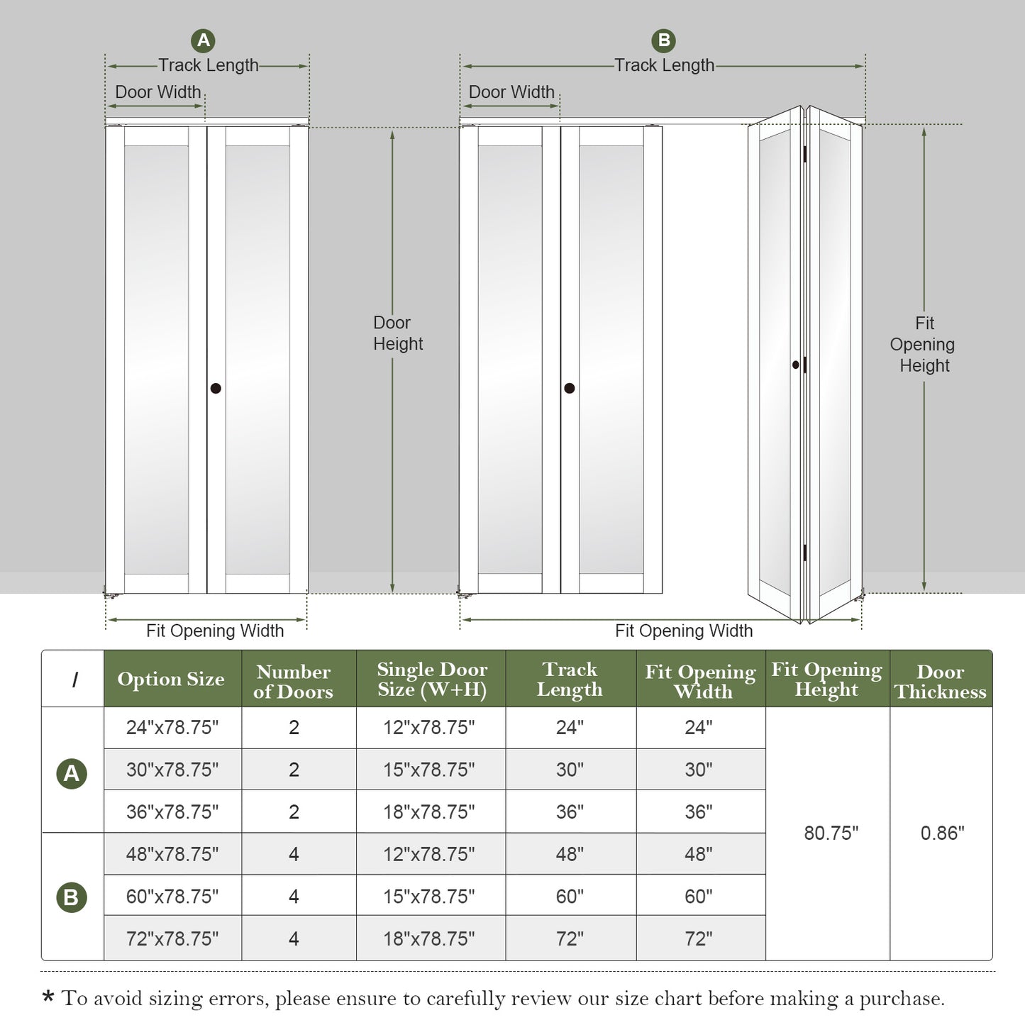 FREDBECK Preassembled Bifold Barn Door 30x84 (Double 15x84) with 1 Lites Mirror,Bi-fold Closet Doors Hardware Kit Included,34" Track for 2 Doors, PVC, White,for Living Room, Bathrooms, Kicthen