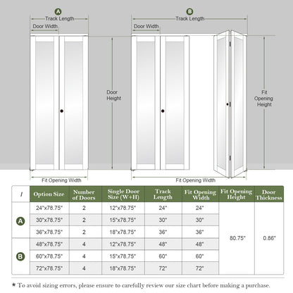 FREDBECK Preassembled Bifold Barn Door 30x84 (Double 15x84) with 1 Lites Mirror,Bi-fold Closet Doors Hardware Kit Included,34" Track for 2 Doors, PVC, White,for Living Room, Bathrooms, Kicthen
