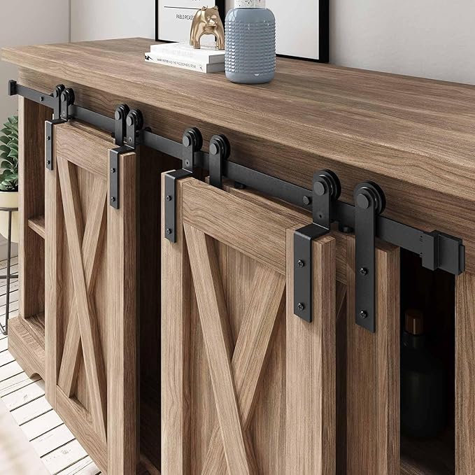 FREDBECK 3 FT Mini Cabinet Bypass Barn Door Hardware Kit Single Track 36inch Small Sliding Barn Doors Track Kit for Double Doors Storage Closet Window TV Stand Wardrobe (No Cabinet)