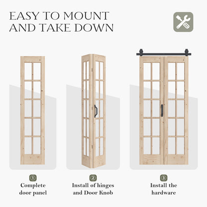 Glass and Solid Wood Bi-Fold Door with Installation Hardware Kit