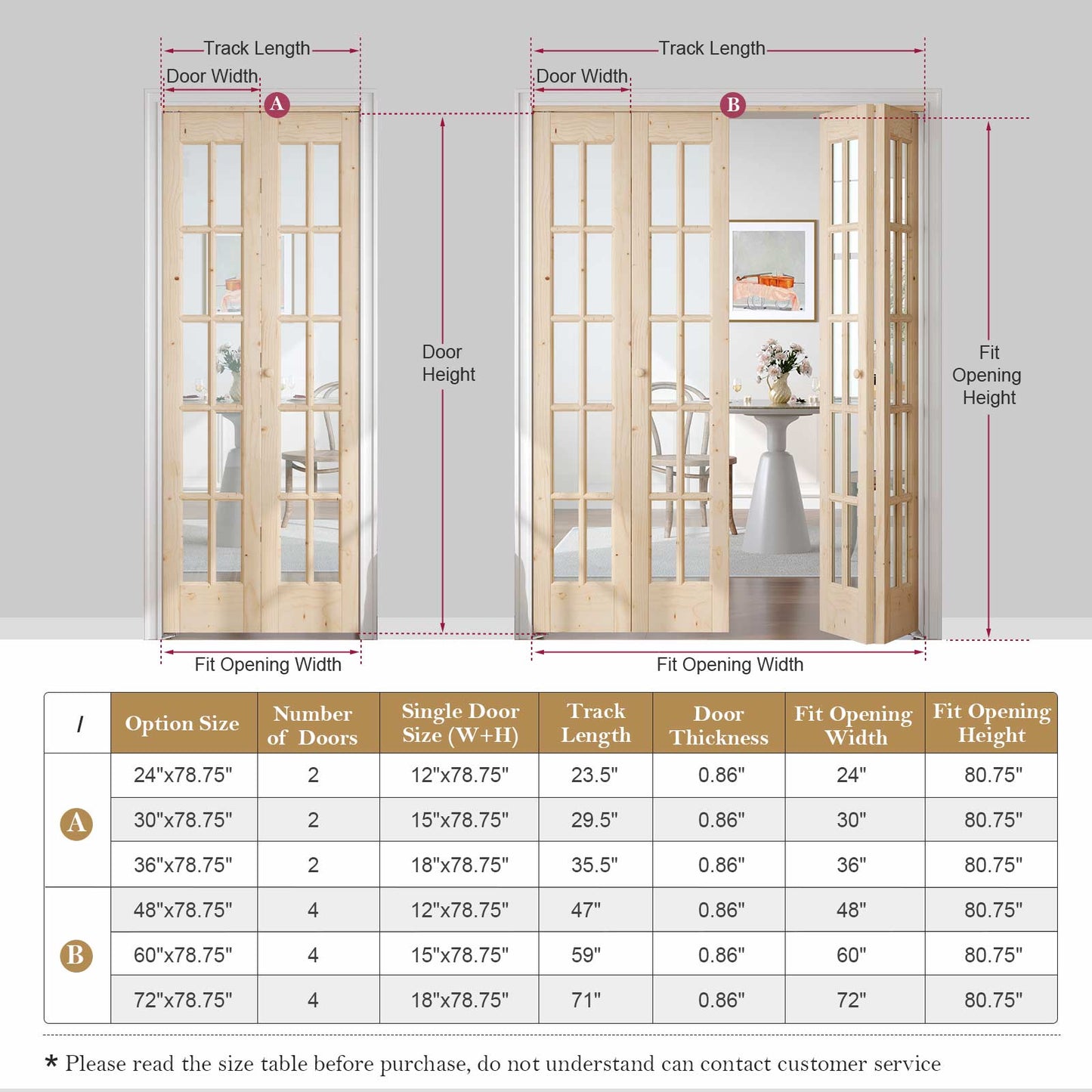 Unfinished Solid Wood Glass Bi-Fold Door With Installation Hardware Kit
