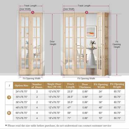 Unfinished Solid Wood Glass Bi-Fold Door With Installation Hardware Kit