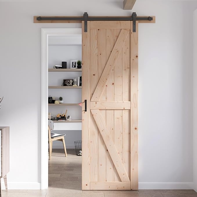 FREDBECK 30in x 84in Sliding Barn Door with 5FT Barn Door Hardware Kit Included Wood K Shape Solid Spruce Panel Need to Assembly