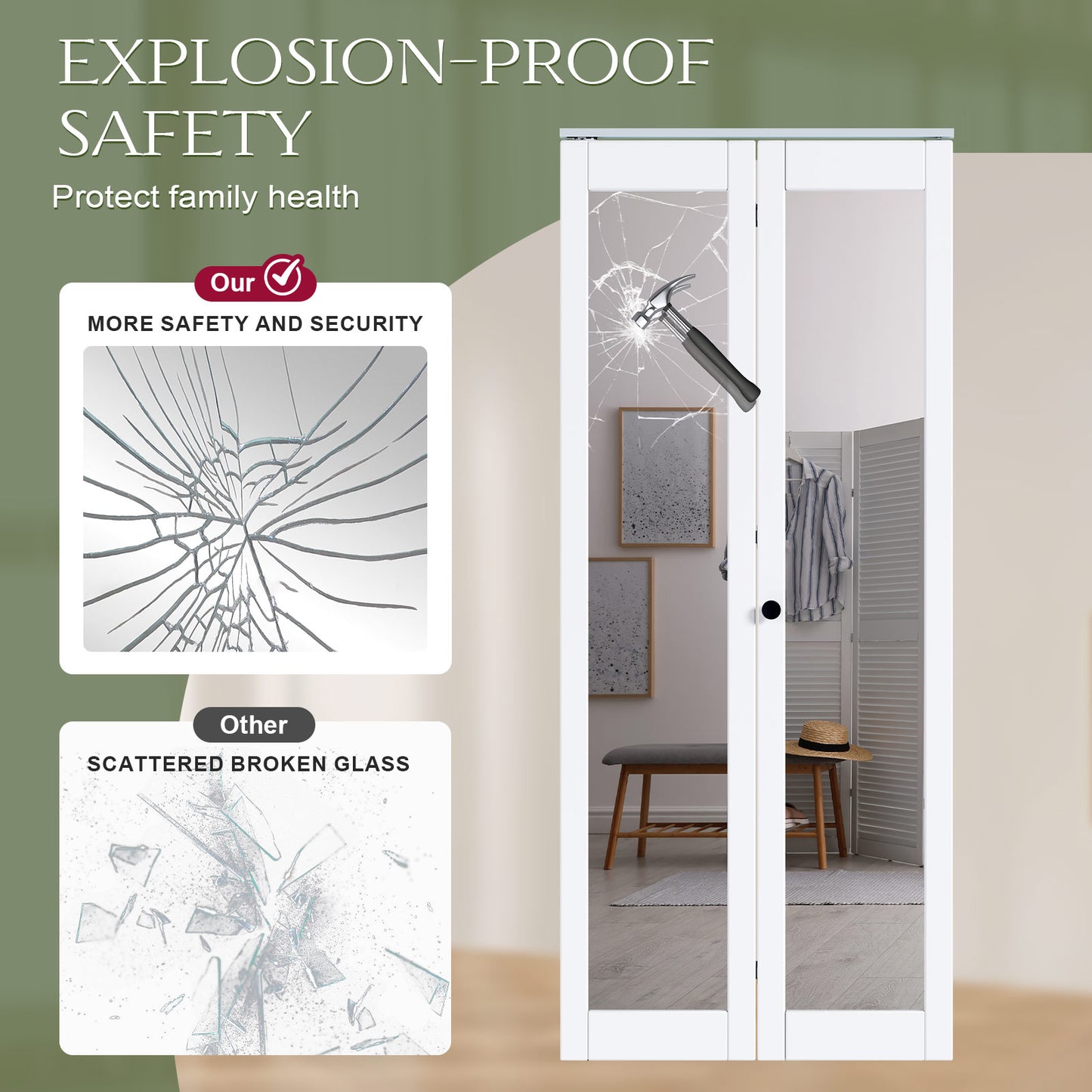 FREDBECK Preassembled Bifold Barn Door 30x84 (Double 15x84) with 1 Lites Mirror,Bi-fold Closet Doors Hardware Kit Included,34" Track for 2 Doors, PVC, White,for Living Room, Bathrooms, Kicthen