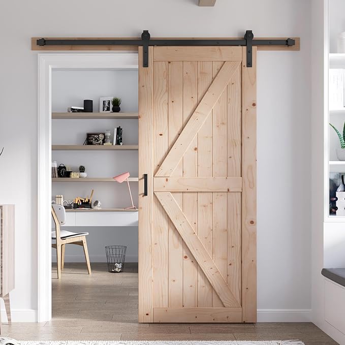 FREDBECK 30in x 84in Sliding Barn Door with 5FT Barn Door Hardware Kit Included Wood K Shape Solid Spruce Panel Need to Assembly