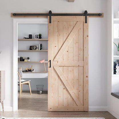 FREDBECK 30in x 84in Sliding Barn Door with 5FT Barn Door Hardware Kit Included Wood K Shape Solid Spruce Panel Need to Assembly