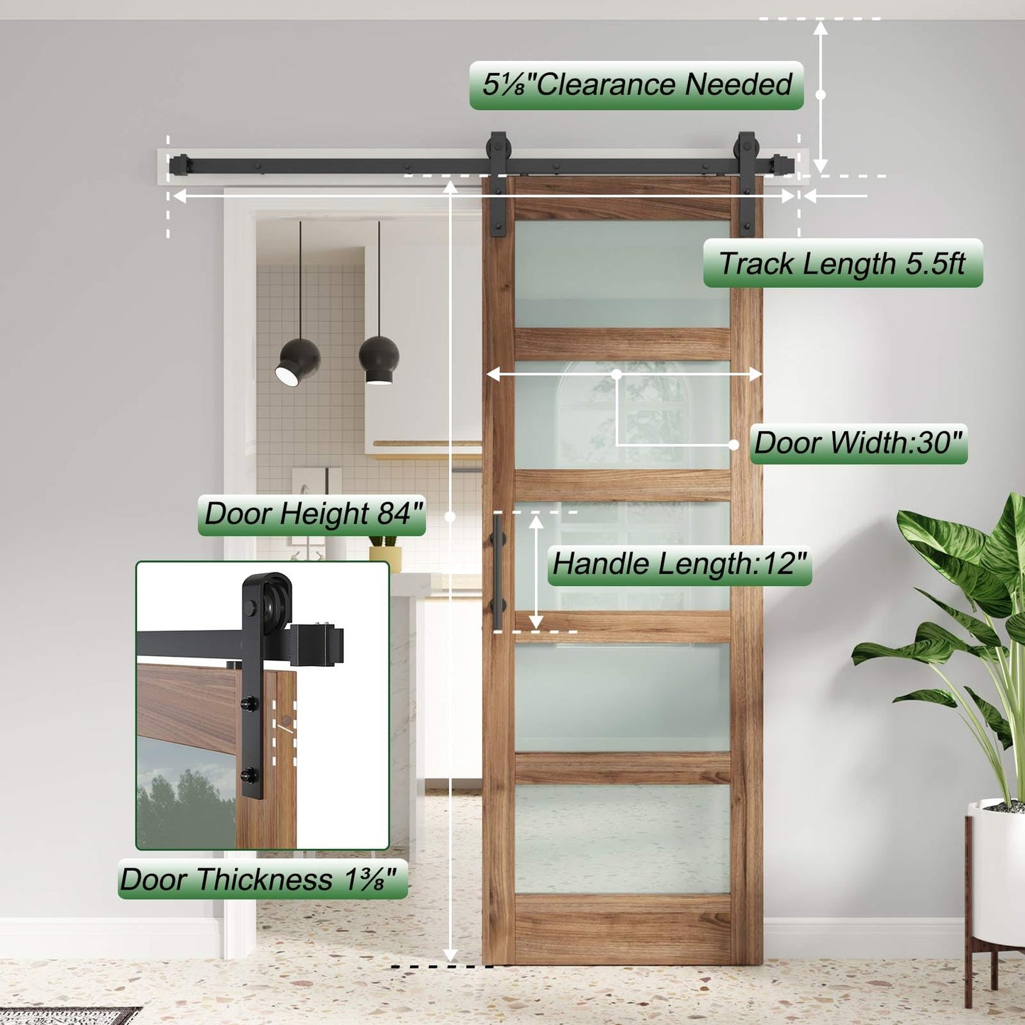 FREDBECK 30 x 84 inch Glass Barn Door with 5.5FT Barn Door Hardware Kit & Handle Included,5-Panel Frosted Glass,Wood Panel,Water-Proof Surface,Pre-Drilled Holes,Need Assembly