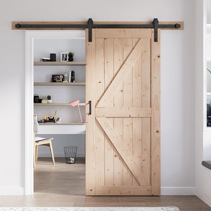 FREDBECK 30in x 84in Sliding Barn Door with 5FT Barn Door Hardware Kit Included Wood K Shape Solid Spruce Panel Need to Assembly
