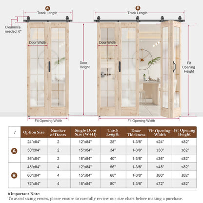 Frosted Glass Solid Wood Unfinished Bifold Barn Door With Installation Hardware Kit