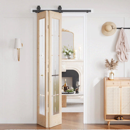 Frosted Glass Solid Wood Unfinished Bifold Barn Door With Installation Hardware Kit