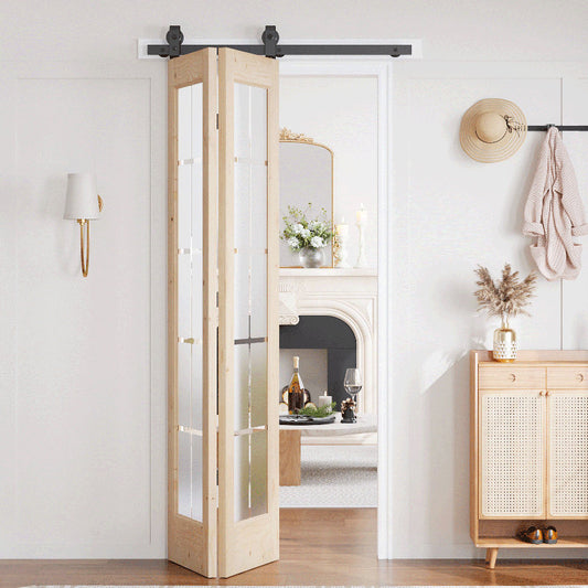 Frosted Glass Solid Wood Unfinished Bifold Barn Door With Installation Hardware Kit