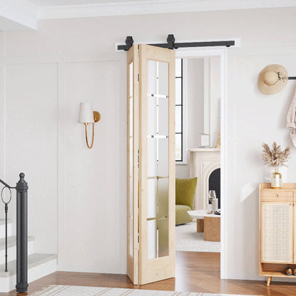 Frosted Glass Solid Wood Unfinished Bifold Barn Door With Installation Hardware Kit