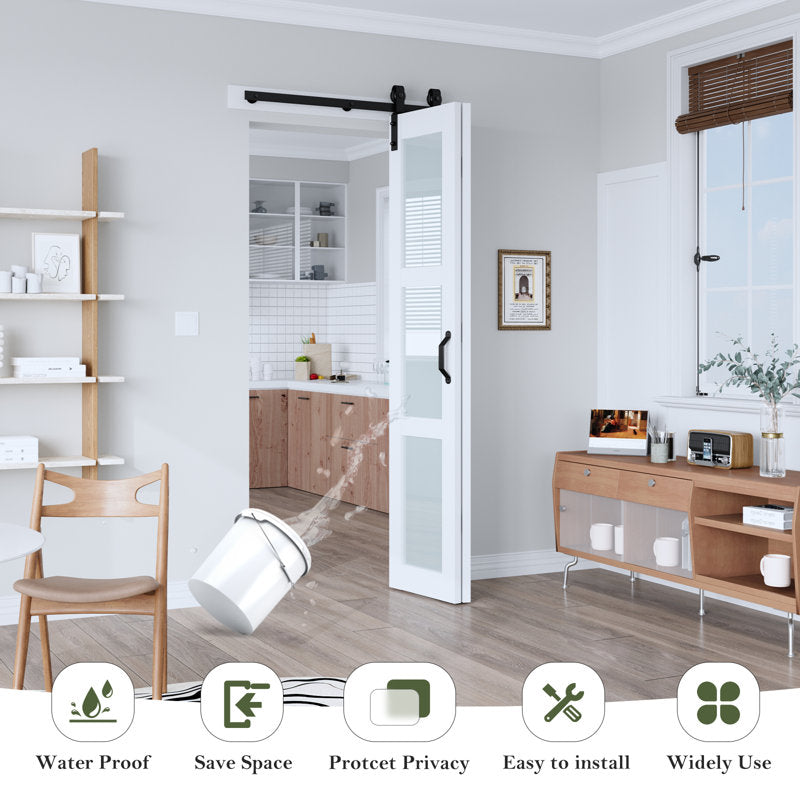 Glass And Solid Manufactured Wood Bi-Fold Barn Door With Installation Hardware Kit