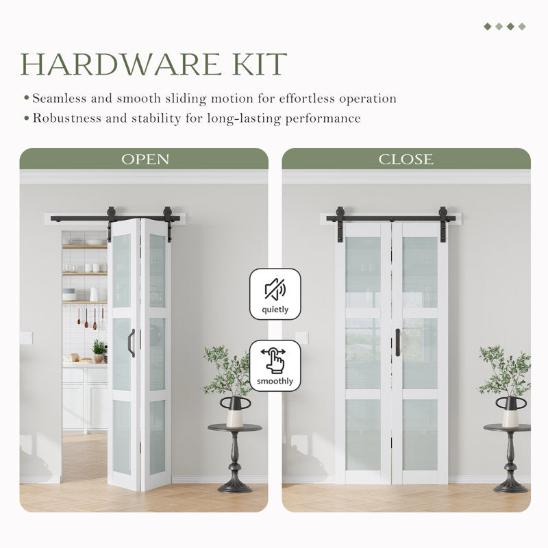 Glass And Solid Manufactured Wood Bi-Fold Barn Door With Installation Hardware Kit