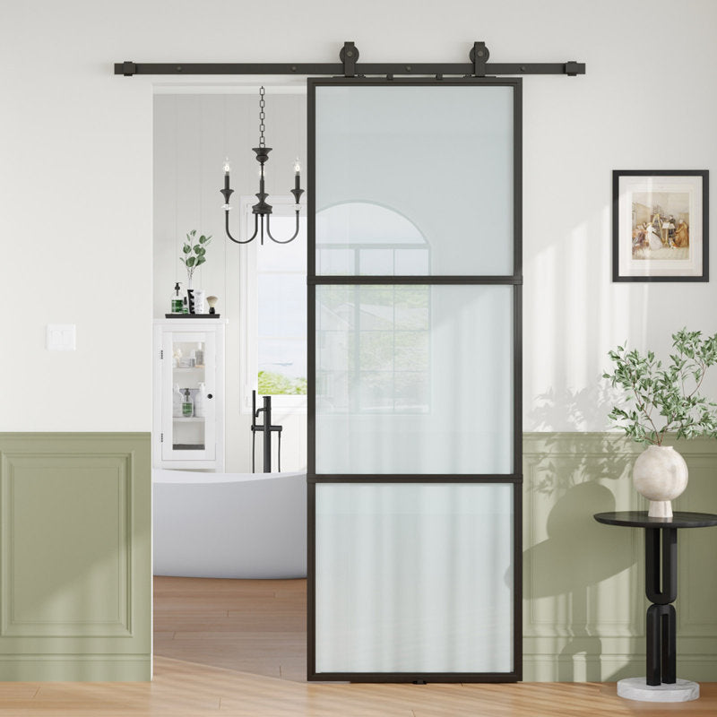 84" Metal and Glass Sliding Barn Door with Two-Way Soft Close and Installation Hardware Kit