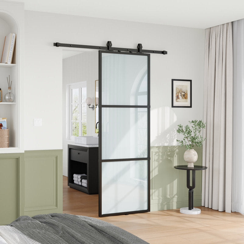 84" Metal and Glass Sliding Barn Door with Two-Way Soft Close and Installation Hardware Kit