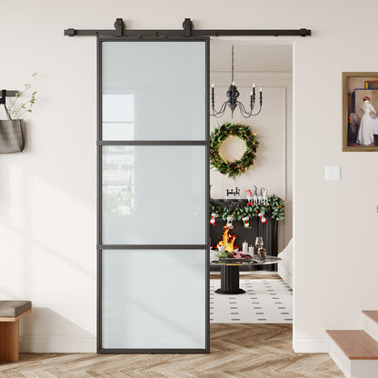 84" Metal and Glass Sliding Barn Door with Two-Way Soft Close and Installation Hardware Kit