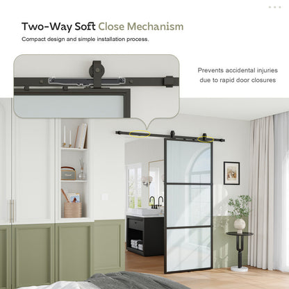 84" Metal and Glass Sliding Barn Door with Two-Way Soft Close and Installation Hardware Kit