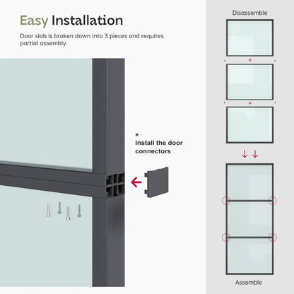 84" Metal and Glass Sliding Barn Door with Two-Way Soft Close and Installation Hardware Kit