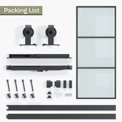 84" Metal and Glass Sliding Barn Door with Two-Way Soft Close and Installation Hardware Kit