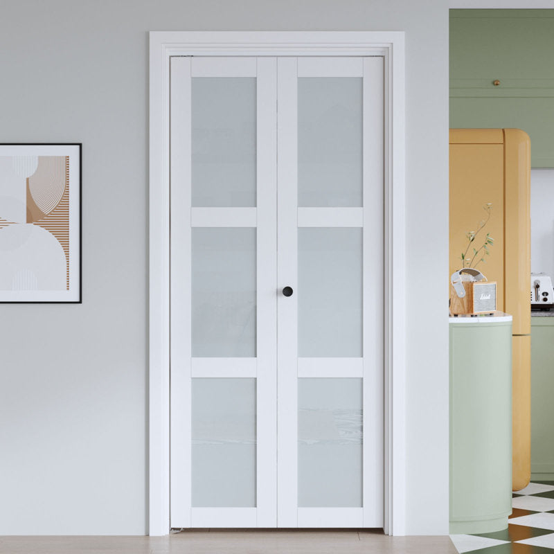 Frosted Glass And Solid Manufactured Wood Bi-Fold Door With Installation Hardware Kit