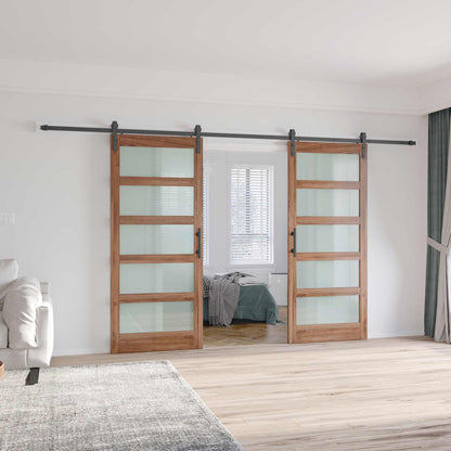 Brown Glass Manufactured Wood Double Barn Door with Installation Hardware Kit