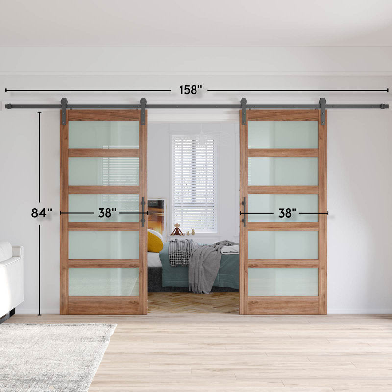 Brown Glass Manufactured Wood Double Barn Door with Installation Hardware Kit