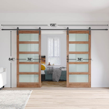 Brown Glass Manufactured Wood Double Barn Door with Installation Hardware Kit