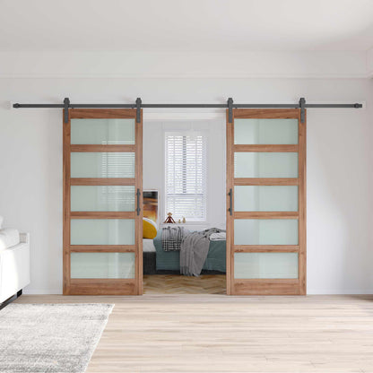 Brown Glass Manufactured Wood Double Barn Door with Installation Hardware Kit