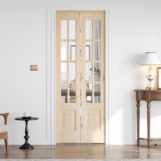 8-Lite Glass And Solid Wood Bi-Fold Door With Installation Hardware Kit