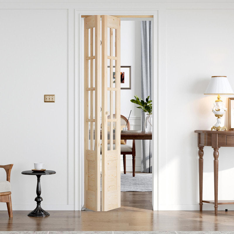 8-Lite Glass And Solid Wood Bi-Fold Door With Installation Hardware Kit