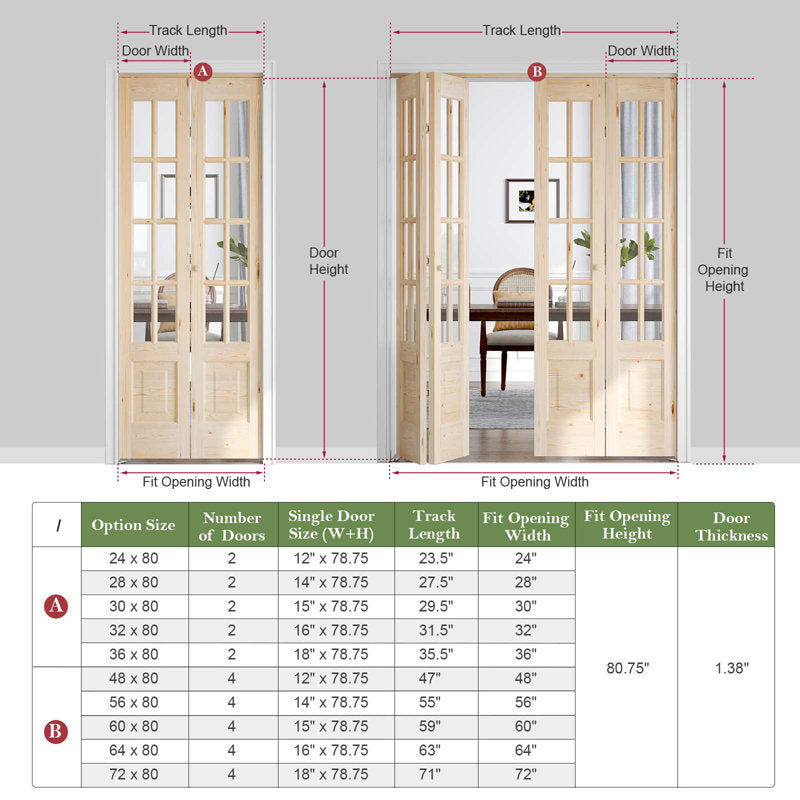 8-Lite Glass And Solid Wood Bi-Fold Door With Installation Hardware Kit