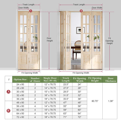 8-Lite Glass And Solid Wood Bi-Fold Door With Installation Hardware Kit