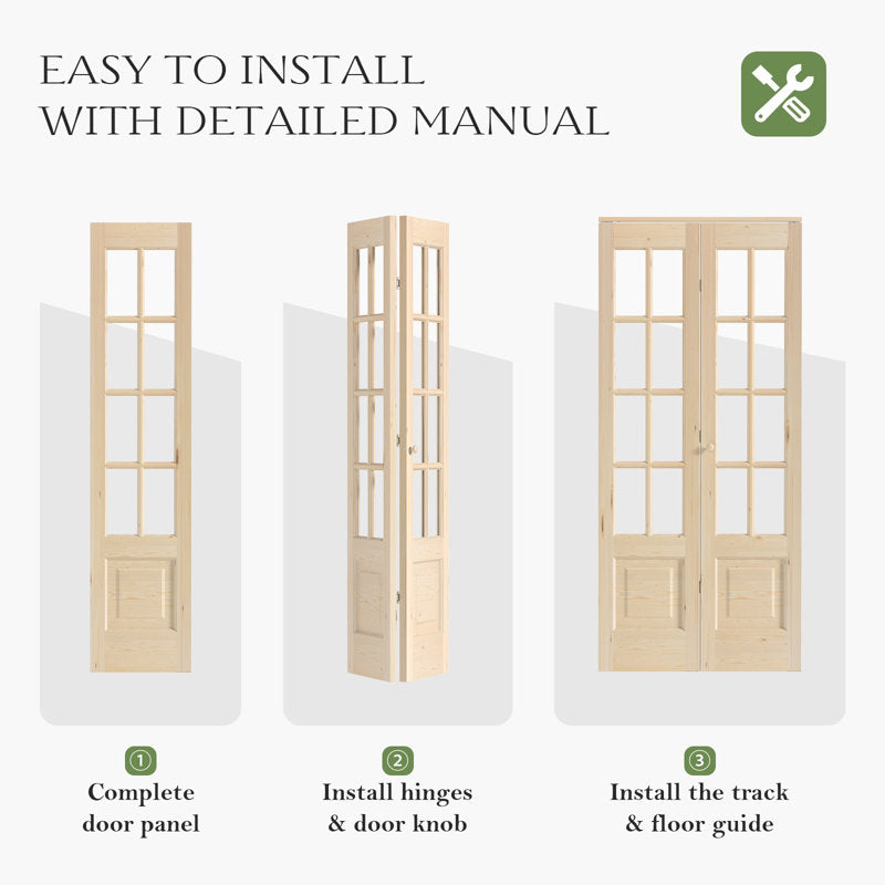 8-Lite Glass And Solid Wood Bi-Fold Door With Installation Hardware Kit