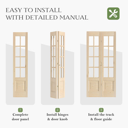 8-Lite Glass And Solid Wood Bi-Fold Door With Installation Hardware Kit
