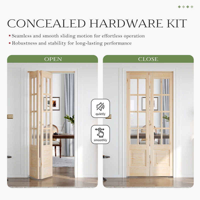 8-Lite Glass And Solid Wood Bi-Fold Door With Installation Hardware Kit