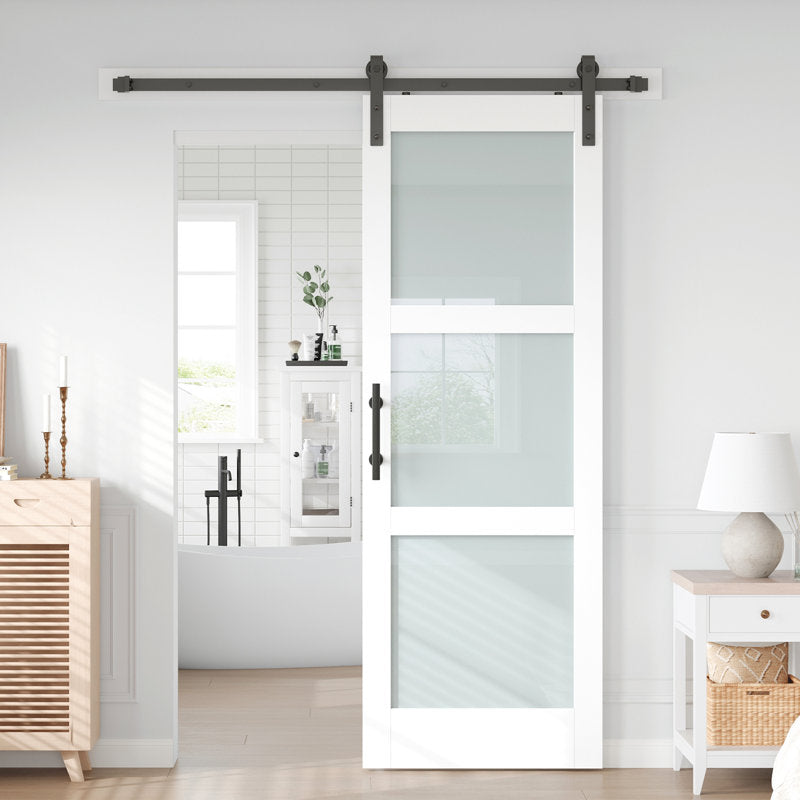 3 Lite 84" Frosted Glass Manufactured Wood Barn Door With Installation Hardware Kit