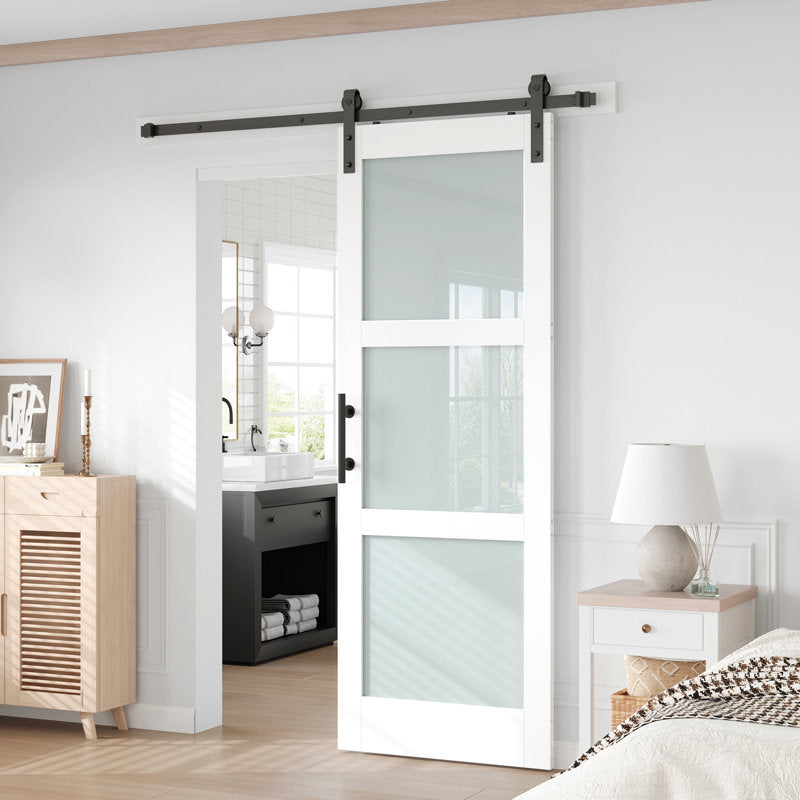 3 Lite 84" Frosted Glass Manufactured Wood Barn Door With Installation Hardware Kit