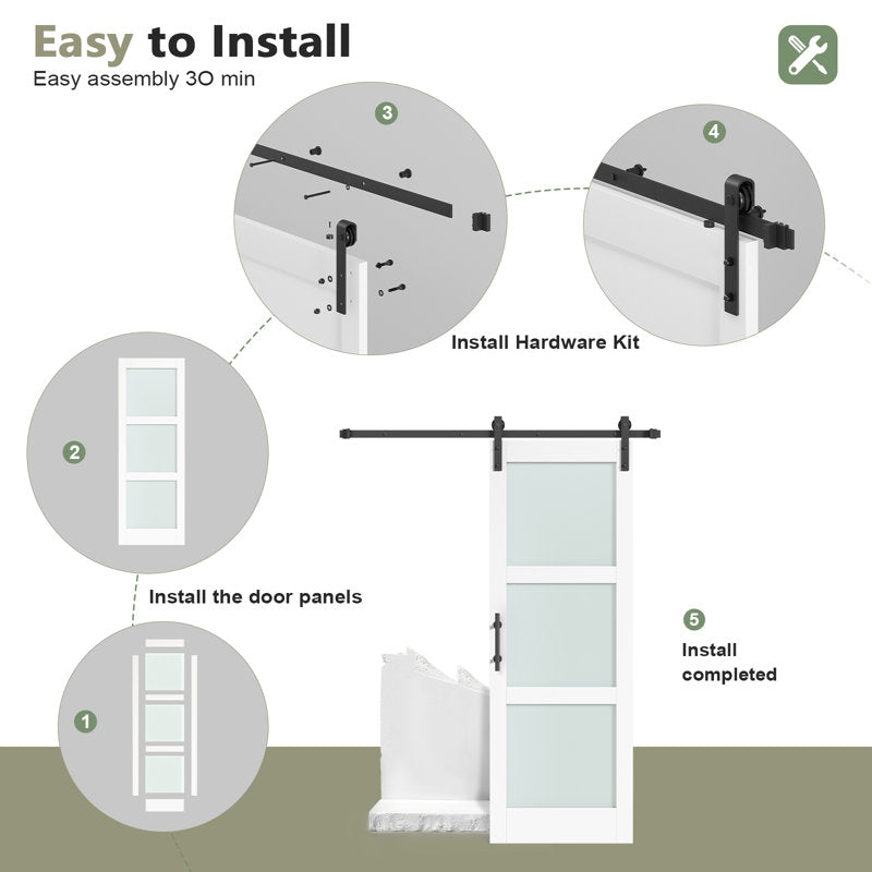 3 Lite 84" Frosted Glass Manufactured Wood Barn Door With Installation Hardware Kit