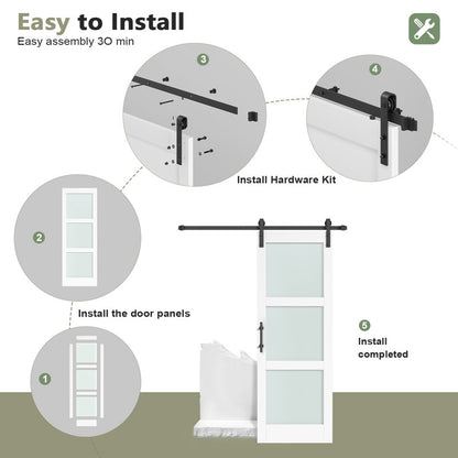 3 Lite 84" Frosted Glass Manufactured Wood Barn Door With Installation Hardware Kit