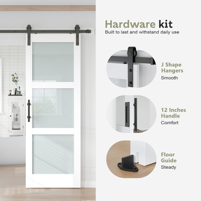 3 Lite 84" Frosted Glass Manufactured Wood Barn Door With Installation Hardware Kit