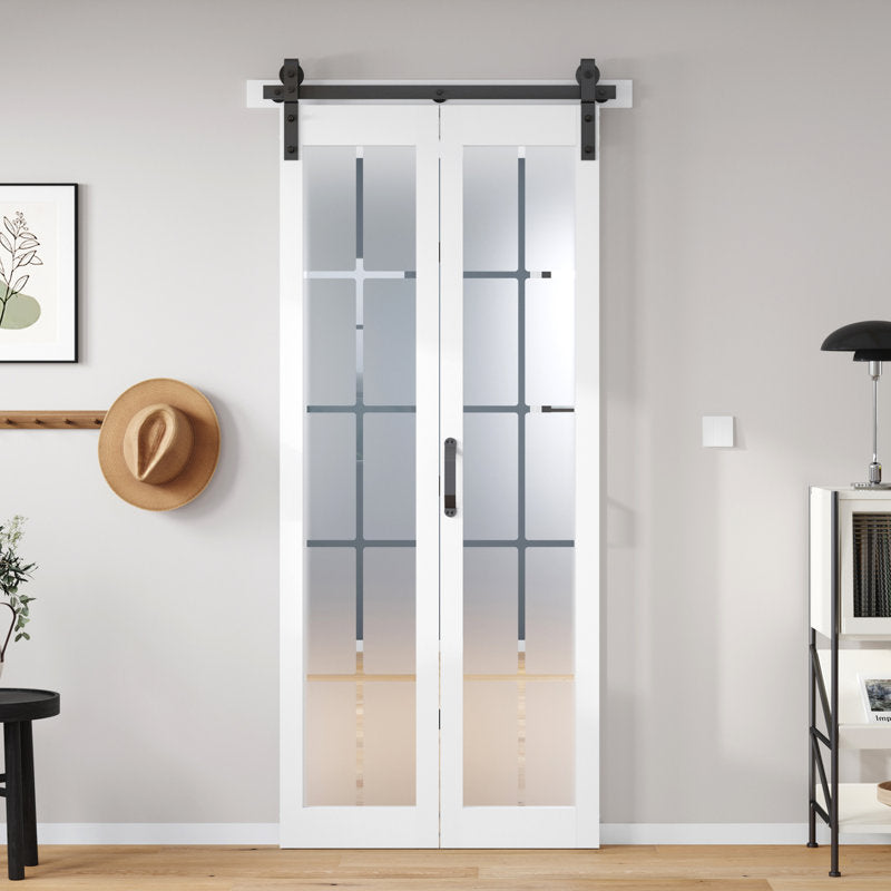 84'' Manufactured Wood And Glass French White Bi-Fold Barn Door With Installation Hardware Kit