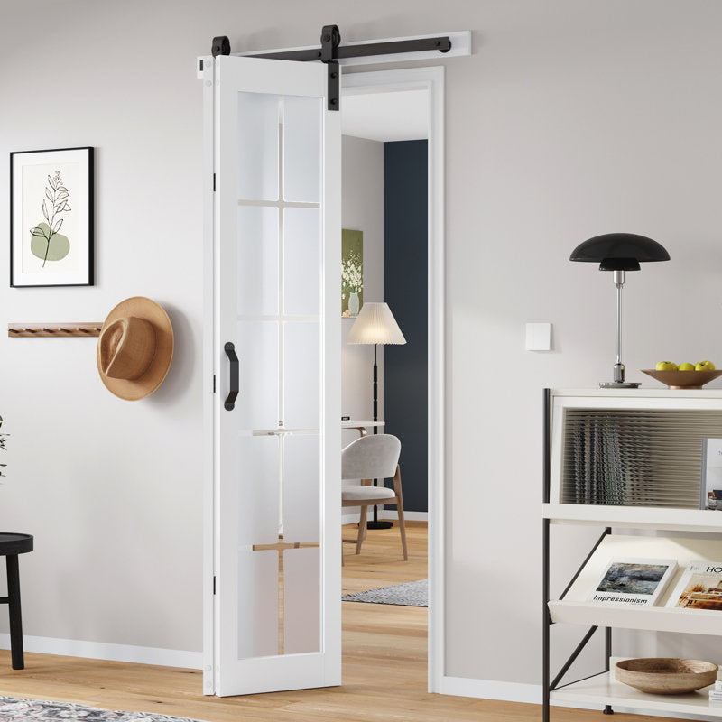 84'' Manufactured Wood And Glass French White Bi-Fold Barn Door With Installation Hardware Kit