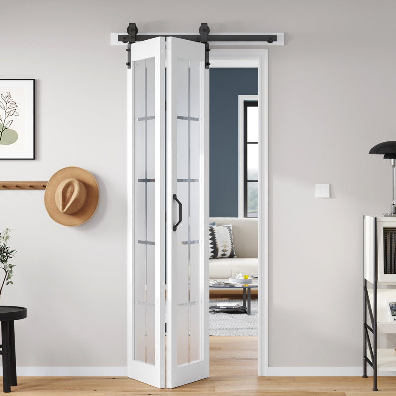 84'' Manufactured Wood And Glass French White Bi-Fold Barn Door With Installation Hardware Kit