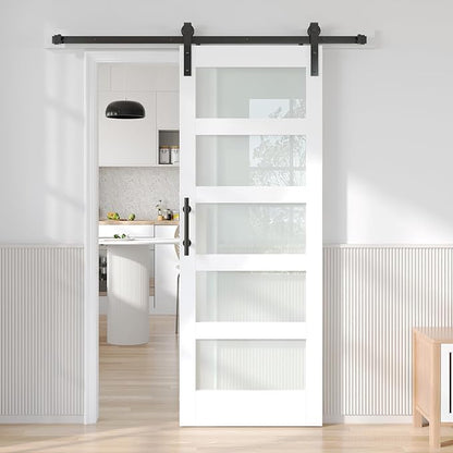Fredbeck 30in x 84in White Glass Barn Door with 5.5FT 66inch Sliding Doors Hardware Kit Included & Handle,PVC Surface,Need to Assembly,Water-Proof