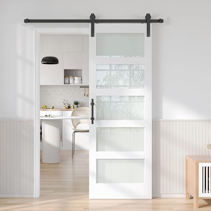 Fredbeck 30in x 84in White Glass Barn Door with 5.5FT 66inch Sliding Doors Hardware Kit Included & Handle,PVC Surface,Need to Assembly,Water-Proof