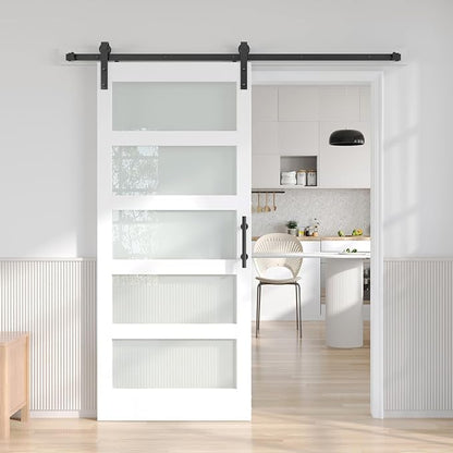 Fredbeck 30in x 84in White Glass Barn Door with 5.5FT 66inch Sliding Doors Hardware Kit Included & Handle,PVC Surface,Need to Assembly,Water-Proof