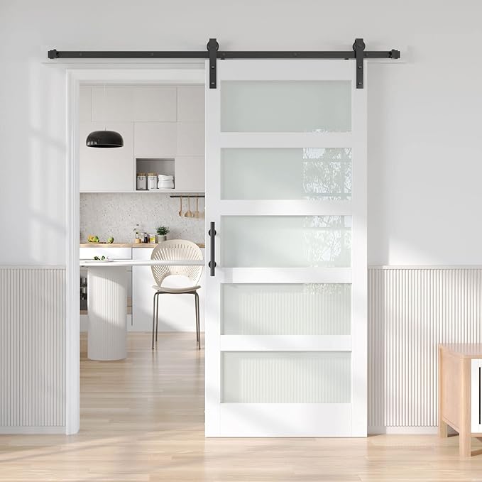 Fredbeck 30in x 84in White Glass Barn Door with 5.5FT 66inch Sliding Doors Hardware Kit Included & Handle,PVC Surface,Need to Assembly,Water-Proof